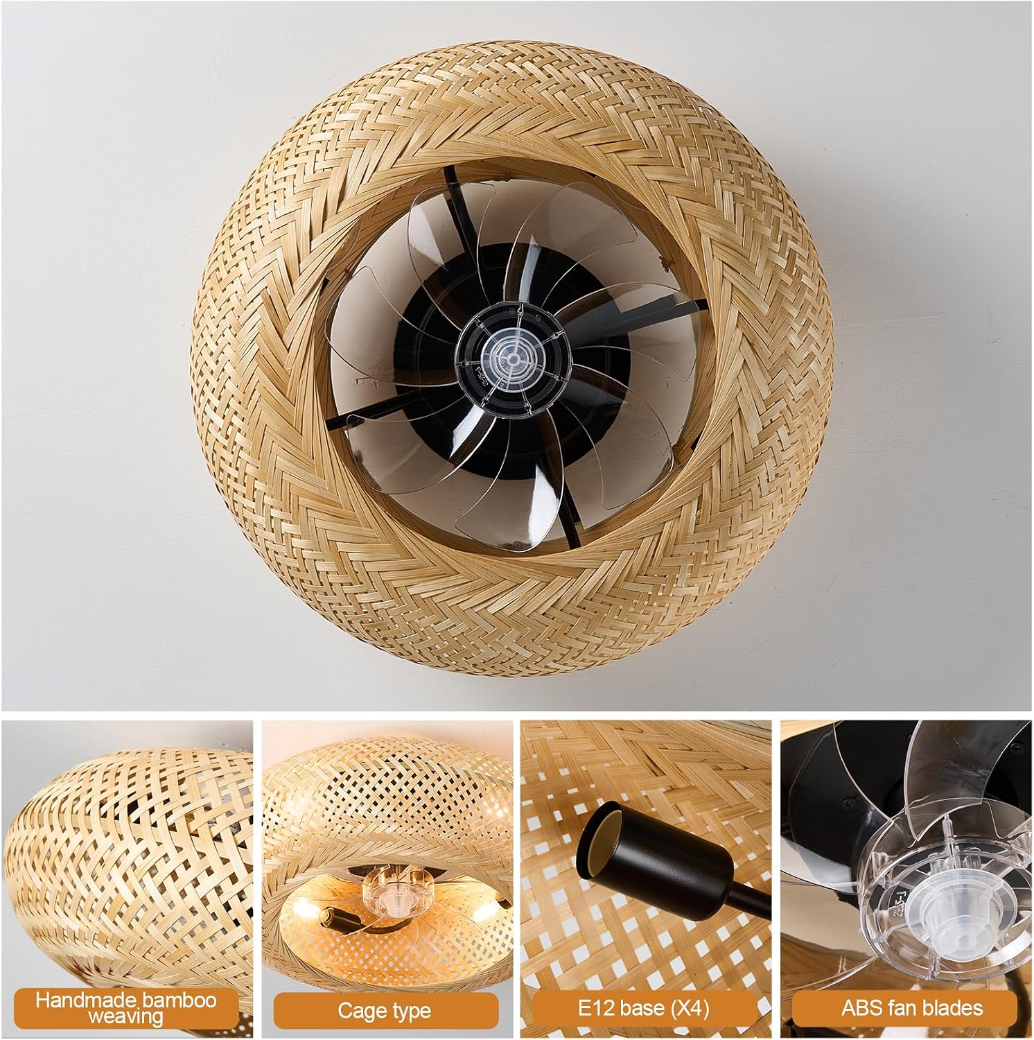 20' Boho Cage Ceiling Fan with Light and Remote Control, Low Profile Bamboo Ceiling Fan, Enclosed Timing 6 Speeds Reversible, for Bedrooms, Living Rooms, Kitchens, Farmhouses