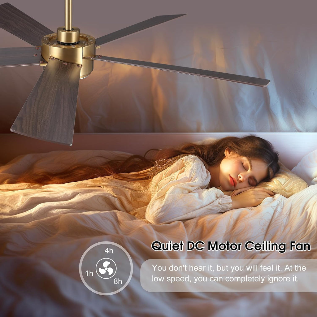 ELEHINSER 54' Ceiling Fan with Light and Remote Control, Modern Dimmable LED Light, 6-Speed Noiseless Reversible DC Motor, 5 Plywood Ceiling Fan for Kitchen Bedroom Living Room NAB Gold/Walnut