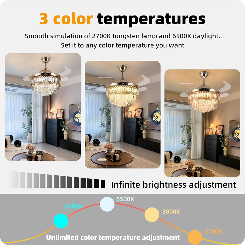 Retractable Crystal Ceiling Fan with Lights and Remote/APP Control, Bluetooth Ceiling Fan with Speaker, 6-Speed Reversible Blades, RGB Light, Invisible Fandelier for Bedroom Dinning Room 42'