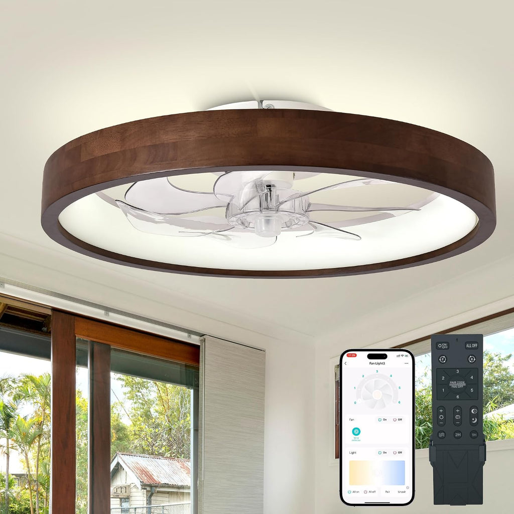 20' Ceiling Fans with Lights,3 Color Dimmable LED,6 Speeds,Reversible Modern Dark Wooden Flush Mount Low Profile Ceiling Fans with Lights and Remote for Bedroom/Kidsroom/Dinng Room