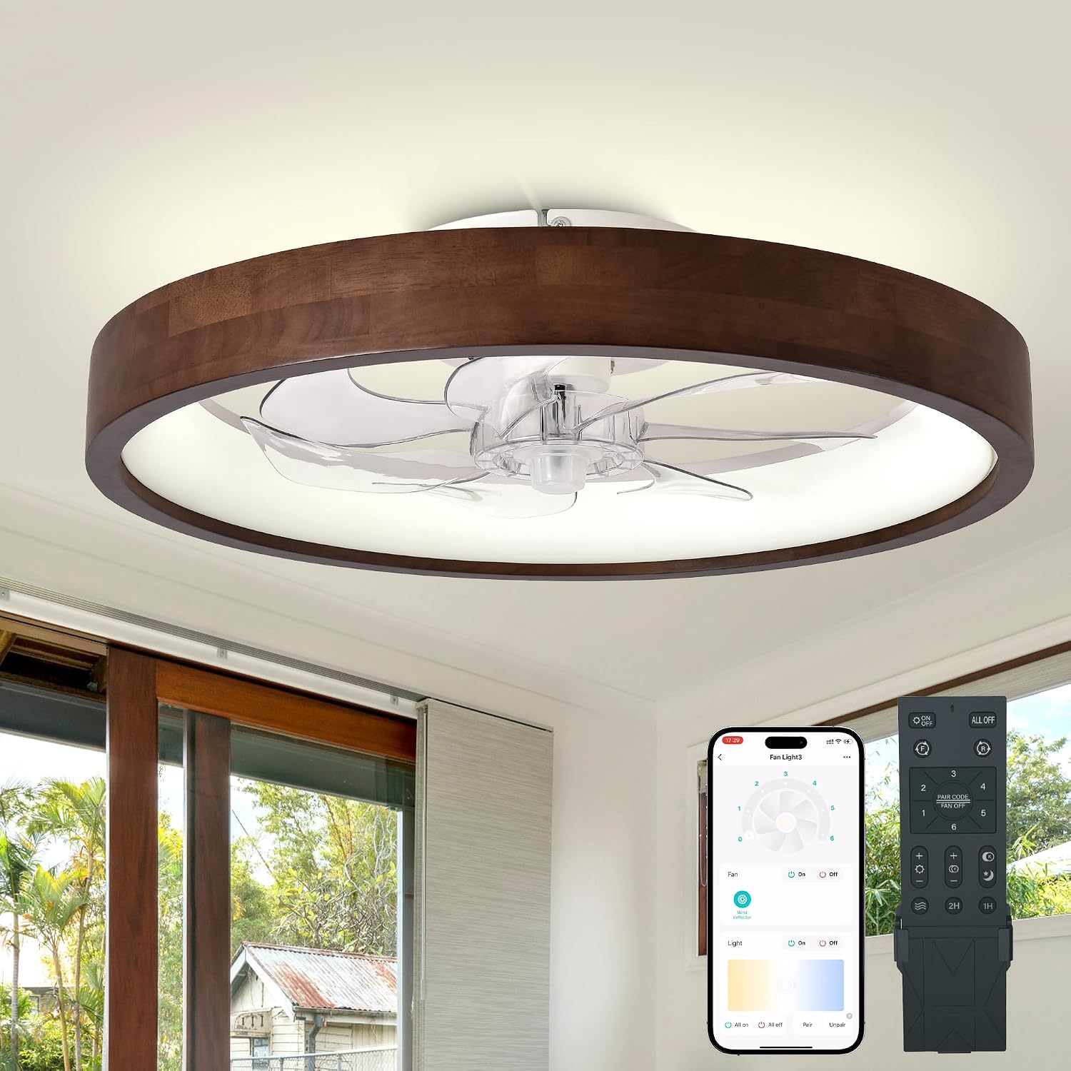 20' Ceiling Fans with Lights,3 Color Dimmable LED,6 Speeds,Reversible Modern Dark Wooden Flush Mount Low Profile Ceiling Fans with Lights and Remote for Bedroom/Kidsroom/Dinng Room