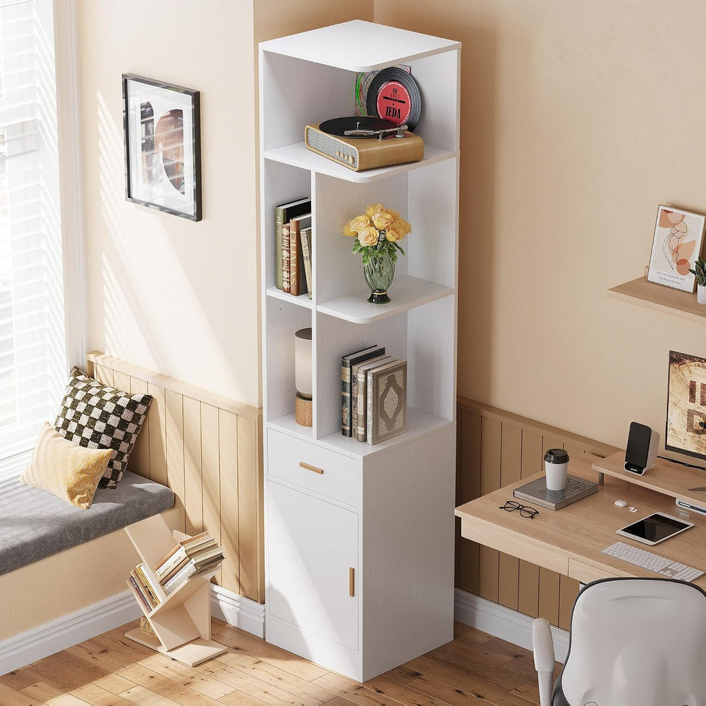 IRONCK Corner Bookshelf，72.8' Tall Corner Shelf with Drawer and Door, Narrow Corner Bookcase with Adjustable Shelves for Living Room Home Office, White