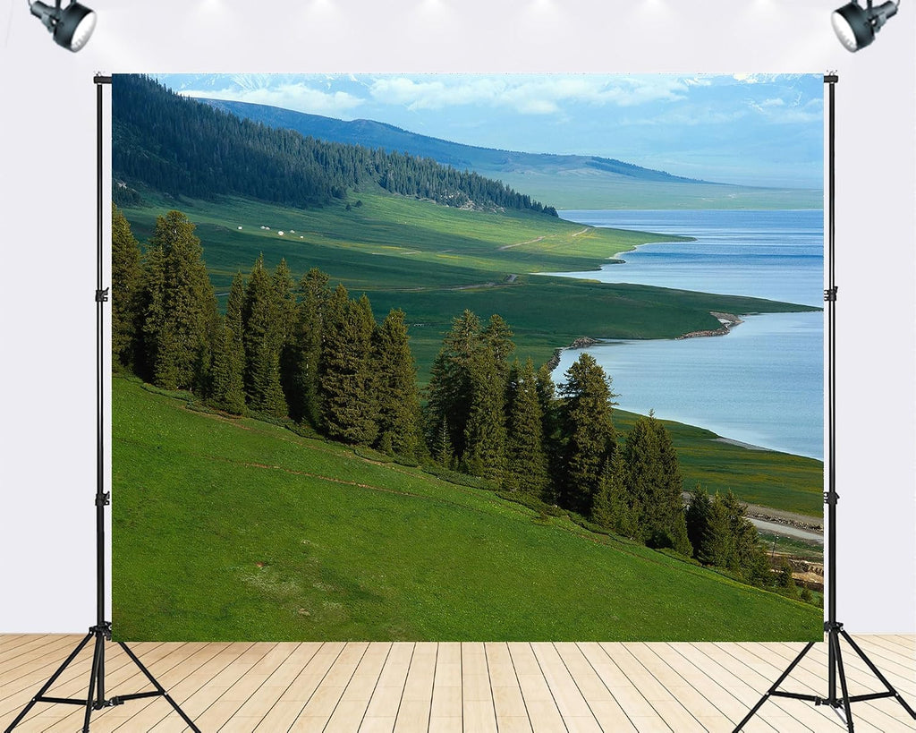 Trykid 20x10ft Lake Shore Backdrop Dense Evergreen Forests Rolling Green Hills Clear Blue Water Photography Background Countryside Wedding Event Party Decoration Photo Booth Prop Fabric