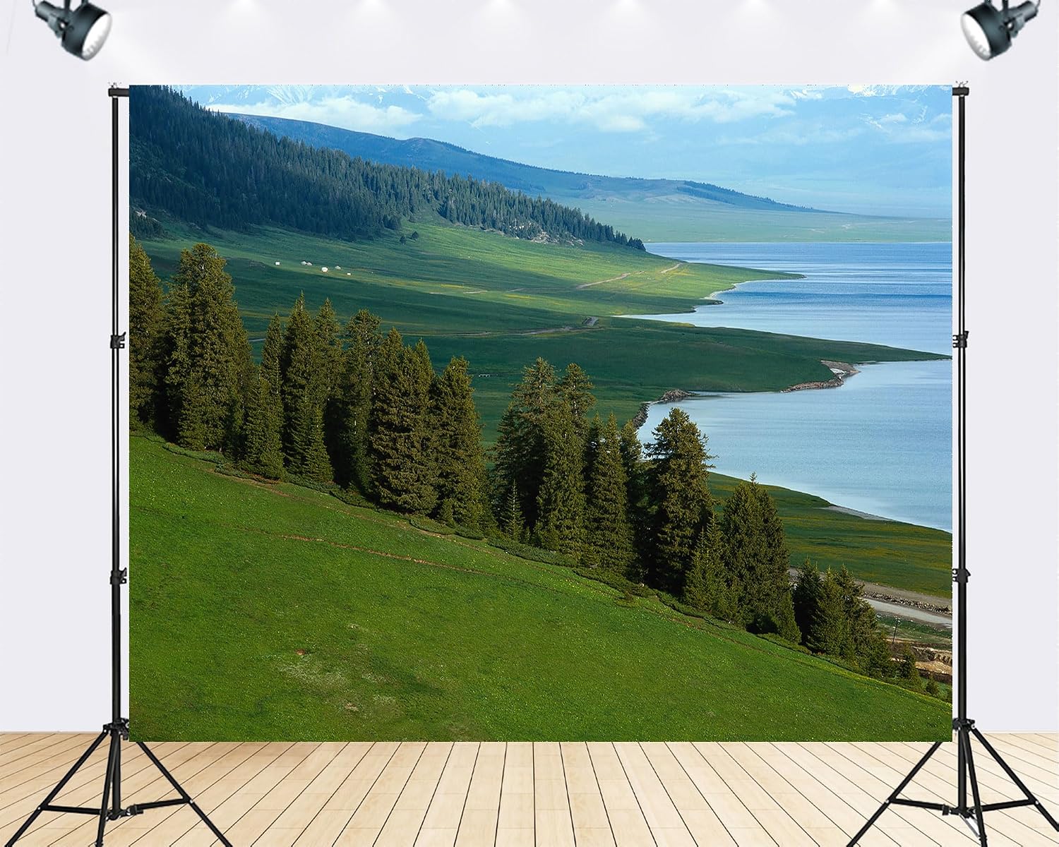 Trykid 20x10ft Lake Shore Backdrop Dense Evergreen Forests Rolling Green Hills Clear Blue Water Photography Background Countryside Wedding Event Party Decoration Photo Booth Prop Fabric