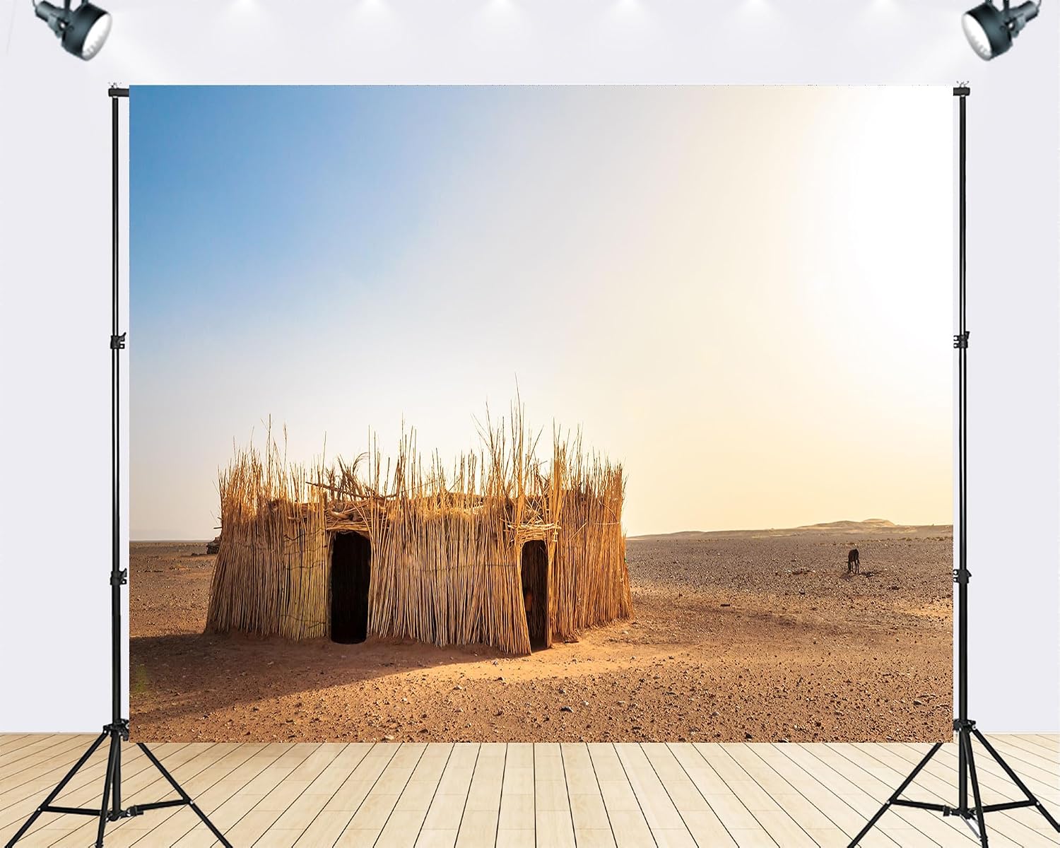 Trykid 20x10ft Desert Straw Hut Backdrop Scenic Thatched Hut Arid Landscape Clear Sky Photography Background Adventure Themed Party Decoration Photo Booth Prop Fabric