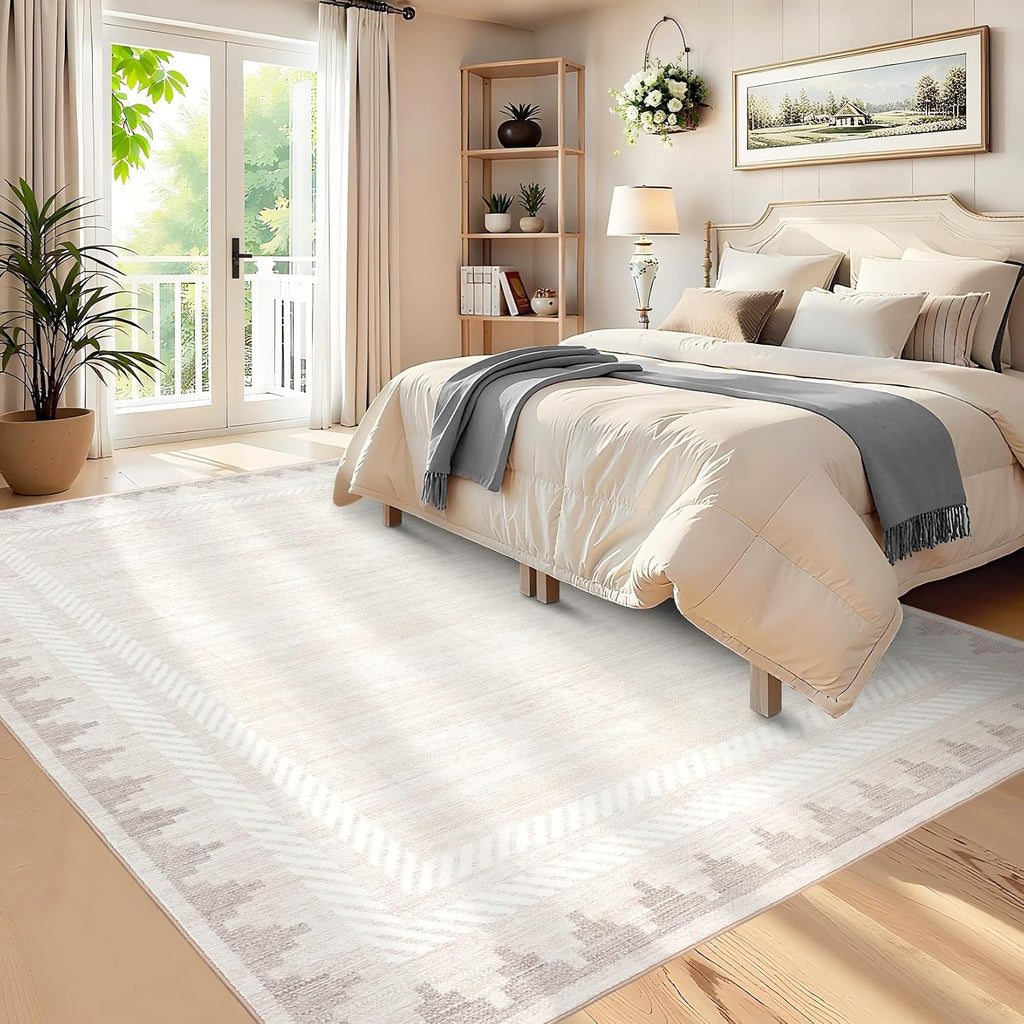 Garvee Washable Large Area Rug 8x10 Modern Solid Living Room Rug Bordered Rugs for Bedroom Neutral Carpet 8x10 Rugs for Farmhouse Dining Room Non-Slip Stain Resistant Under Table White Rug