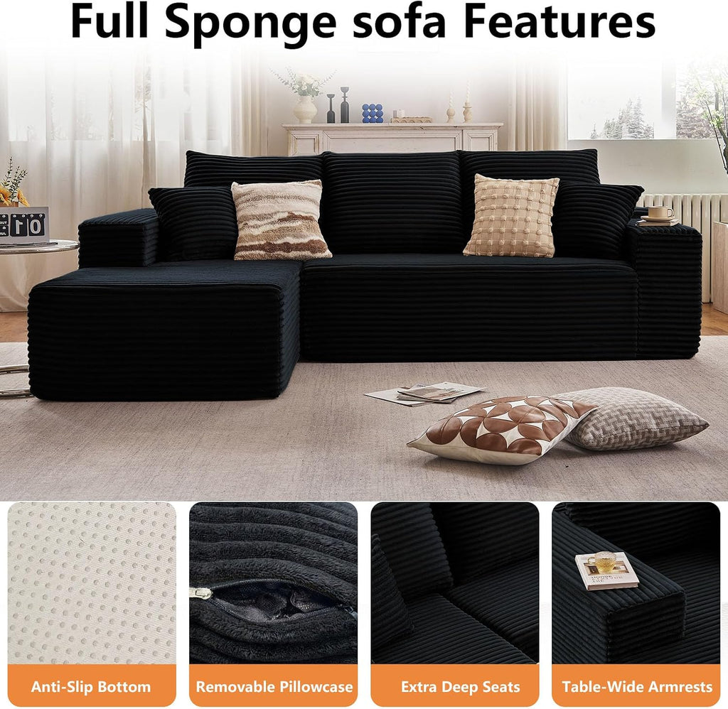 96' Modular Sectional Sofa,Modern Corduroy Cloud Couch,Boneless Couch Upholstered 3-Seater L-Shaped Sofa for Living Room,Couch in a Box No Assembly (Black, Left-Facing Chaise)