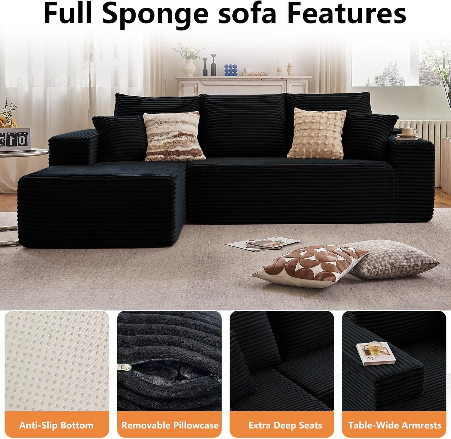 96' Modular Sectional Sofa,Modern Corduroy Cloud Couch,Boneless Couch Upholstered 3-Seater L-Shaped Sofa for Living Room,Couch in a Box No Assembly (Black, Left-Facing Chaise)