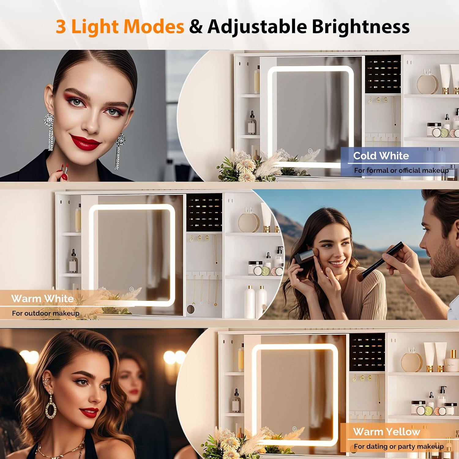 VINGLI Vanity Desk with Sliding Mirror and Lights, Glass Top Makeup Vanity Table w/Glass Cabinets w/Hidden Jewelry Storage & Power Outlets & Hairdryer Holder, 43in White Dressing Table Gifts Girls