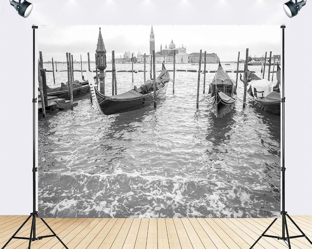 Trykid 20x10ft Monochrome Gondolas Wooden Poles Distant Church Backdrop Timeless Venetian Waterfront Scene Photography Background Home Decoration Party Decoration Photo Booth Prop Fabric