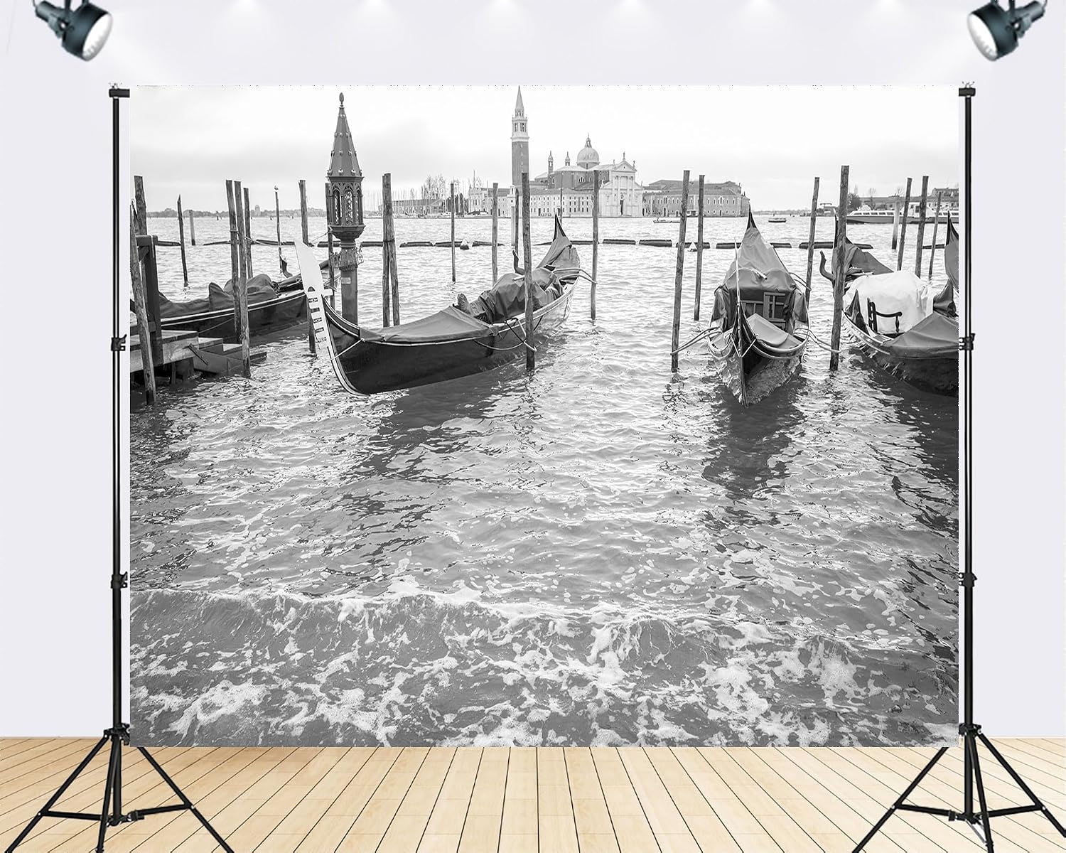 Trykid 20x10ft Monochrome Gondolas Wooden Poles Distant Church Backdrop Timeless Venetian Waterfront Scene Photography Background Home Decoration Party Decoration Photo Booth Prop Fabric