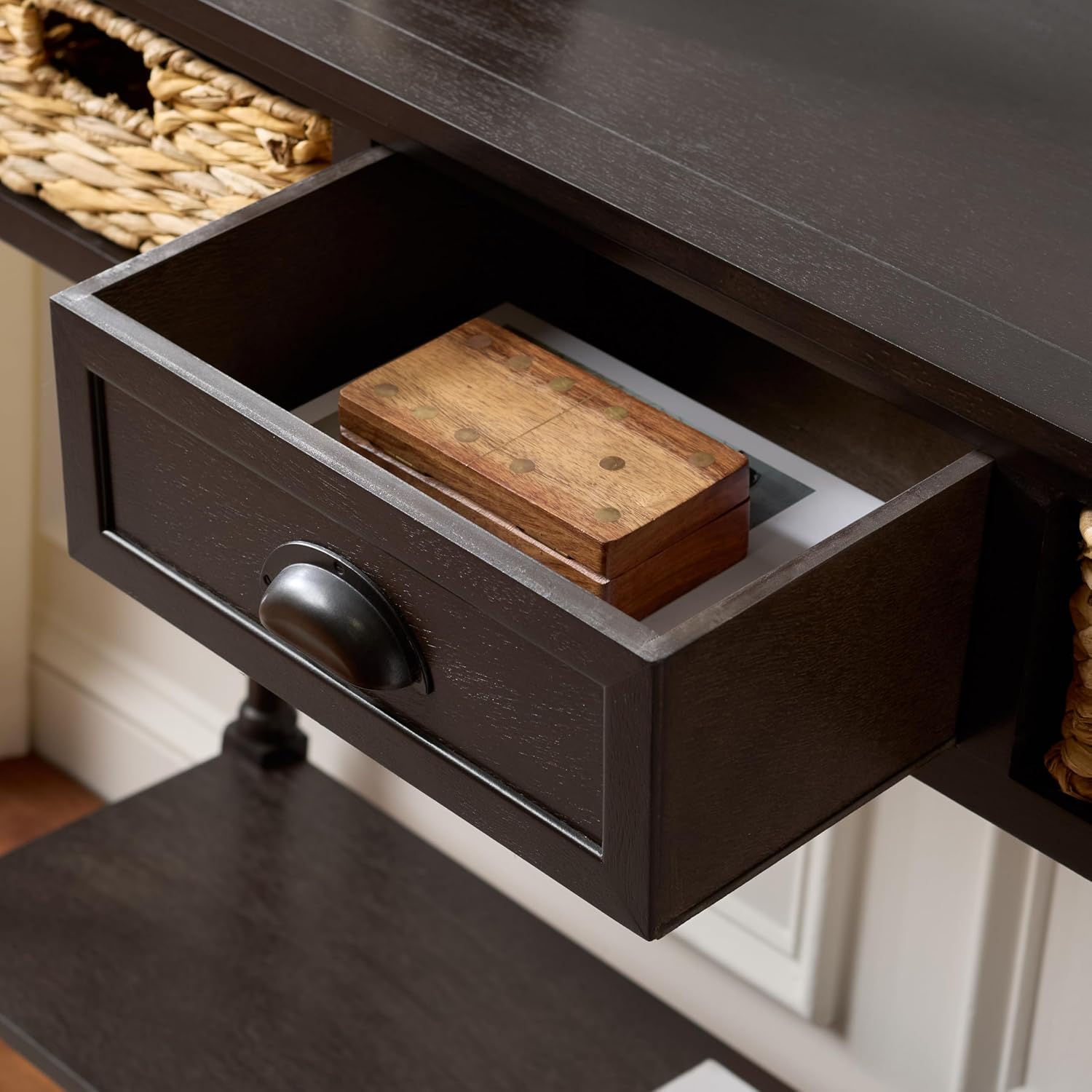 SAFAVIEH Home Collection – Christa Dark Chocolate Console Table, 3-Drawer Storage with Natural Basket Drawers, Coastal Entryway Design (AMH5737F)