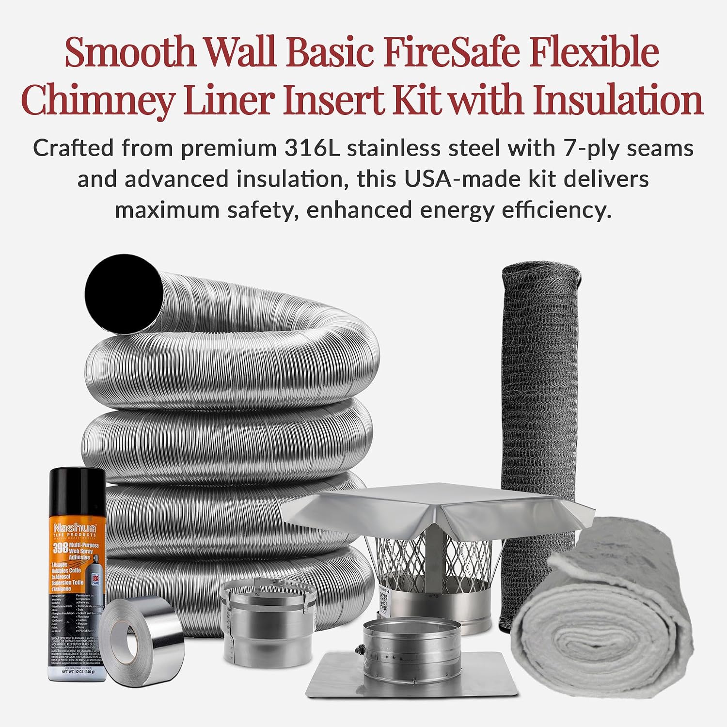 Fireside Chimney Supply Smooth Wall Basic FireSafe Flexible Chimney Liner Insert Kit with Insulation | Fireplace Insert | Stainless Steel Chimney Liner Kit | Made in USA | Heavy-Duty 6 Inch x 20 Feet