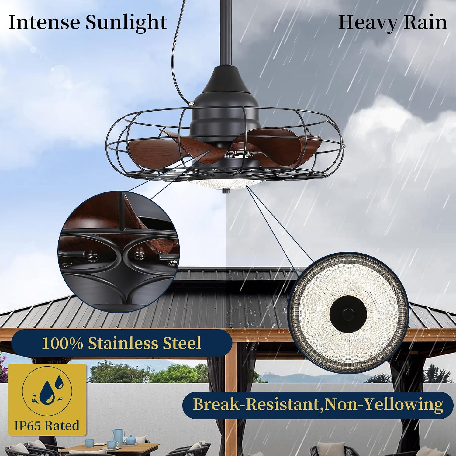 25Inch Outdoor Caged Ceiling Fan with Light Remote Control 3 Color Temp. IP65 Waterproof,Farmhouse Gazebo Fan Light for Patio Canopy Pavilot Living Room Entrance,Black,2026 Upgrad