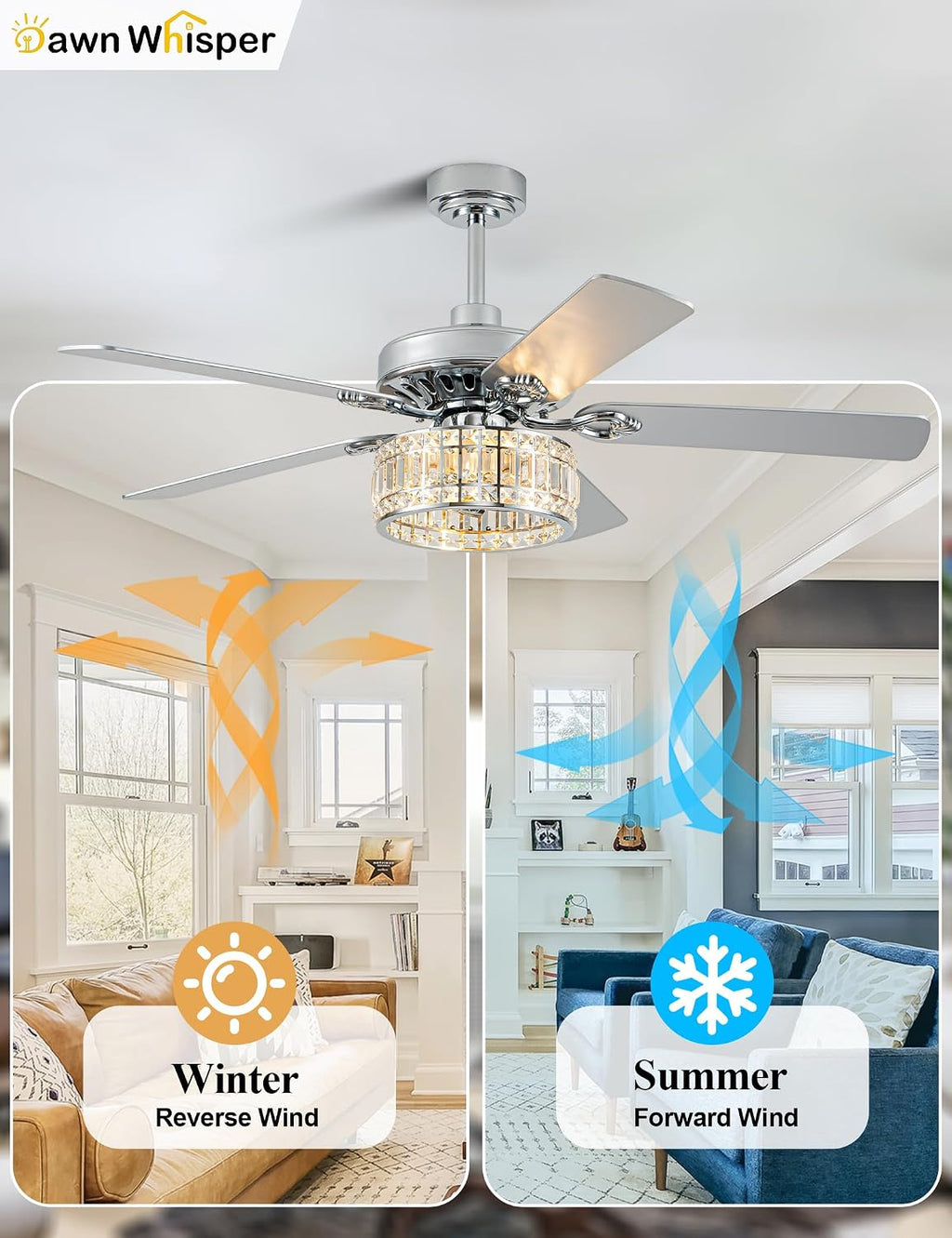 Dawn Whisper 52 Inch Modern Ceiling Fans with Lights Low Profile Fandelier Ceiling Fan with Light for Living Room Bedroom Kitchen Crystal Chandelier Fan Quiet Reversible DC Motor 6 Speeds Silver