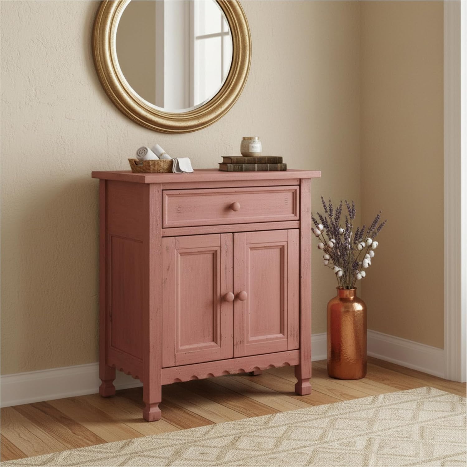 Alaterre Furniture Country Cottage Accent Cabinet with Drawer, Adjustable Shelf & 2 Doors – Rustic Farmhouse Sideboard Buffet Storage Cabinet for Living Room, Dining Room or Entryway (Red Antique)