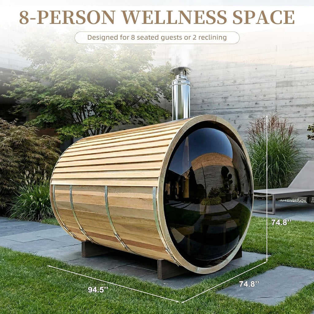 ZONEMEL Wooden Steam Sauna Room with Panoramic View, Canadian Red Cedar Traditional Outdoor Barrel Wood Burning Sauna with Porch, Wood-Fired Stove with Chimney Kit, Wood Shingles, 6-8 Person