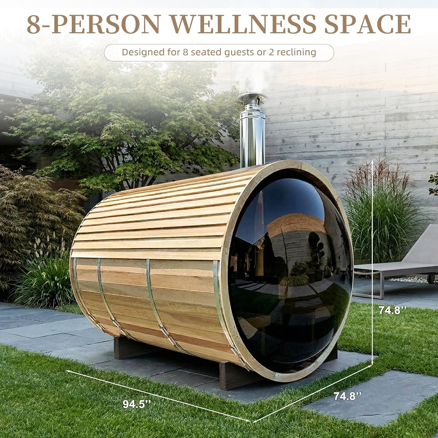 ZONEMEL Wooden Steam Sauna Room with Panoramic View, Canadian Red Cedar Traditional Outdoor Barrel Wood Burning Sauna with Porch, Wood-Fired Stove with Chimney Kit, Wood Shingles, 6-8 Person