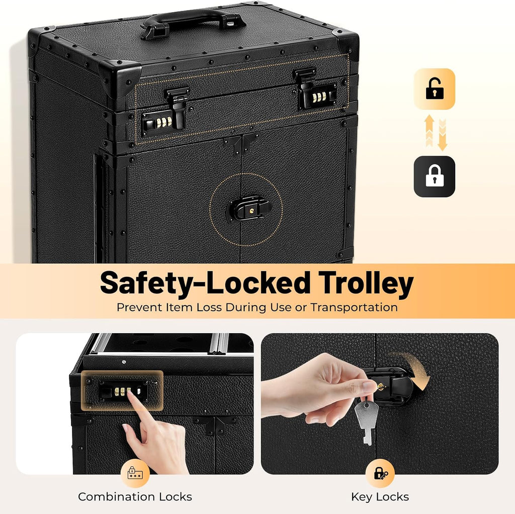 Rolling Lockable Makeup Train Case,Hair Trolley Stylist Salon Trolley Suitcase with Wheels Hairdryer Holder,Beauty Salon Cosmetic Luggage Travel Organizer Tool Box