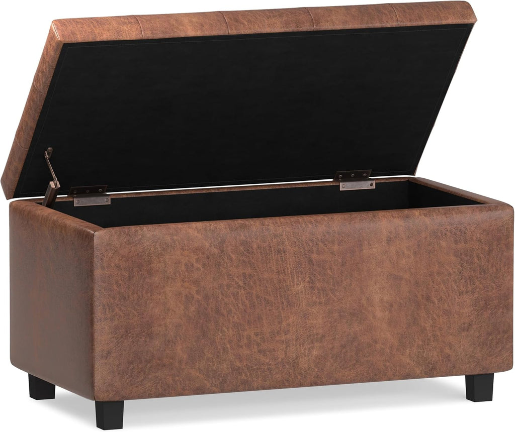 SIMPLIHOME Cosmopolitan Storage Ottoman - 34 inch Wide Upholstered Vegan Leather Rectangle Storage Ottoman Bench in Distressed Saddle Brown, Transitional Tufted Ottoman for Entryway with Lift-Up Lid