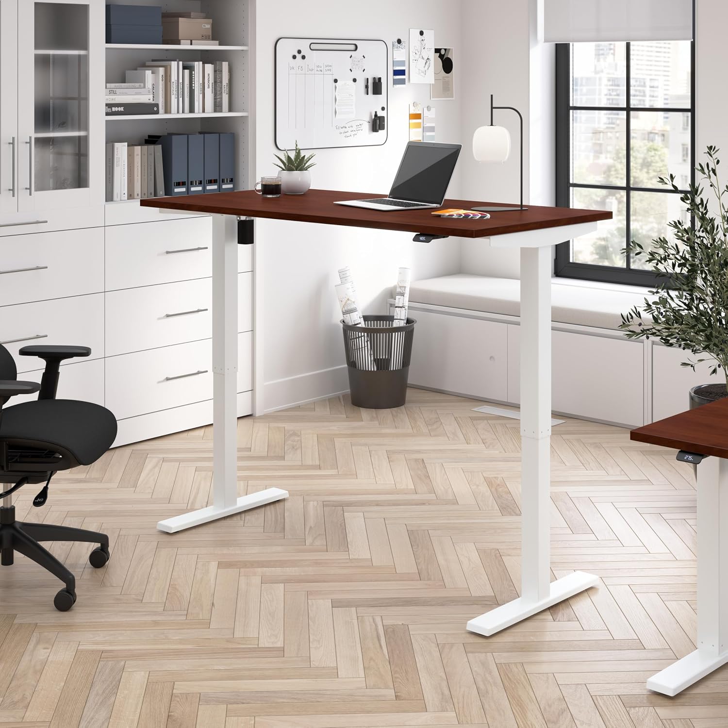 Bush Business Furniture 60-inch Electric Height Adjustable Standing Desk, Ergonomic Sit-Stand Computer Table for Home and Professional Office, Move 40 Series, Hansen Cherry with White Base