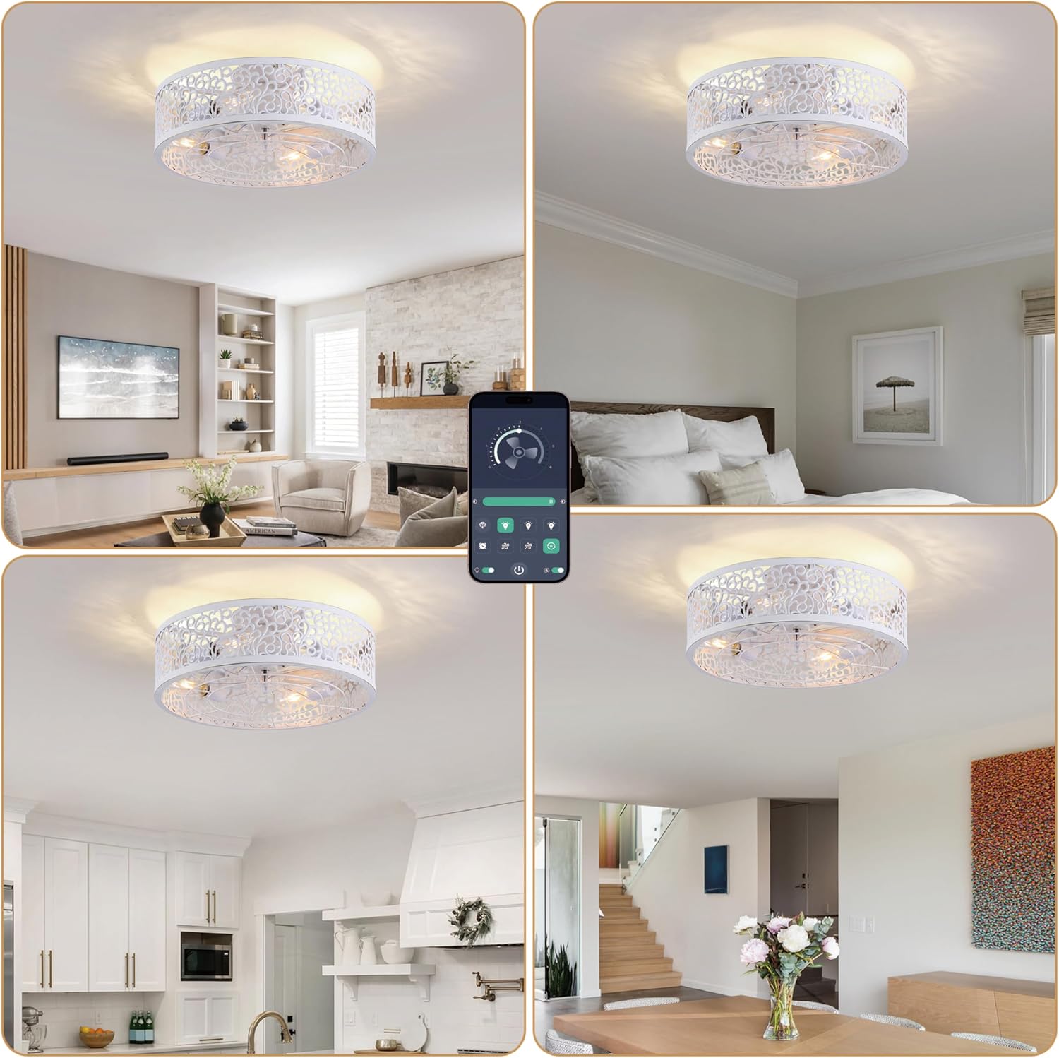 COCOSTAR Small Farmhouse Ceiling Fan with Light and Remote//APP, 20in White Caged Fandelier with Lights for Kitchen, Bedroom（4 Speed, Timing）