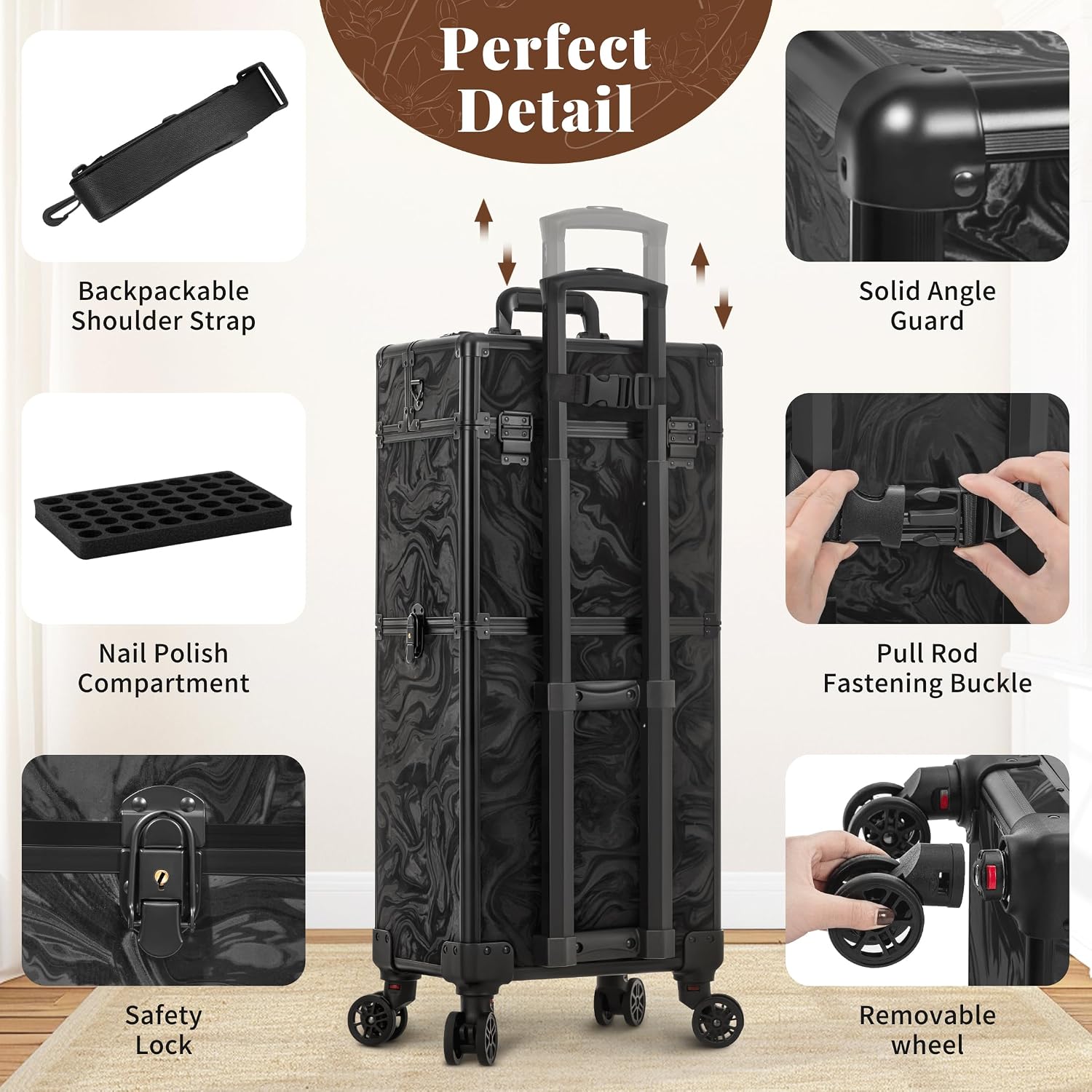 AROUS Rolling Makeup Case with 3 Drawers, Cosmetology Case on Wheels 5 IN 1 Makeup Train Case Make Up Organizer for Artist Salon Nail Teach Trunk,Ink Black