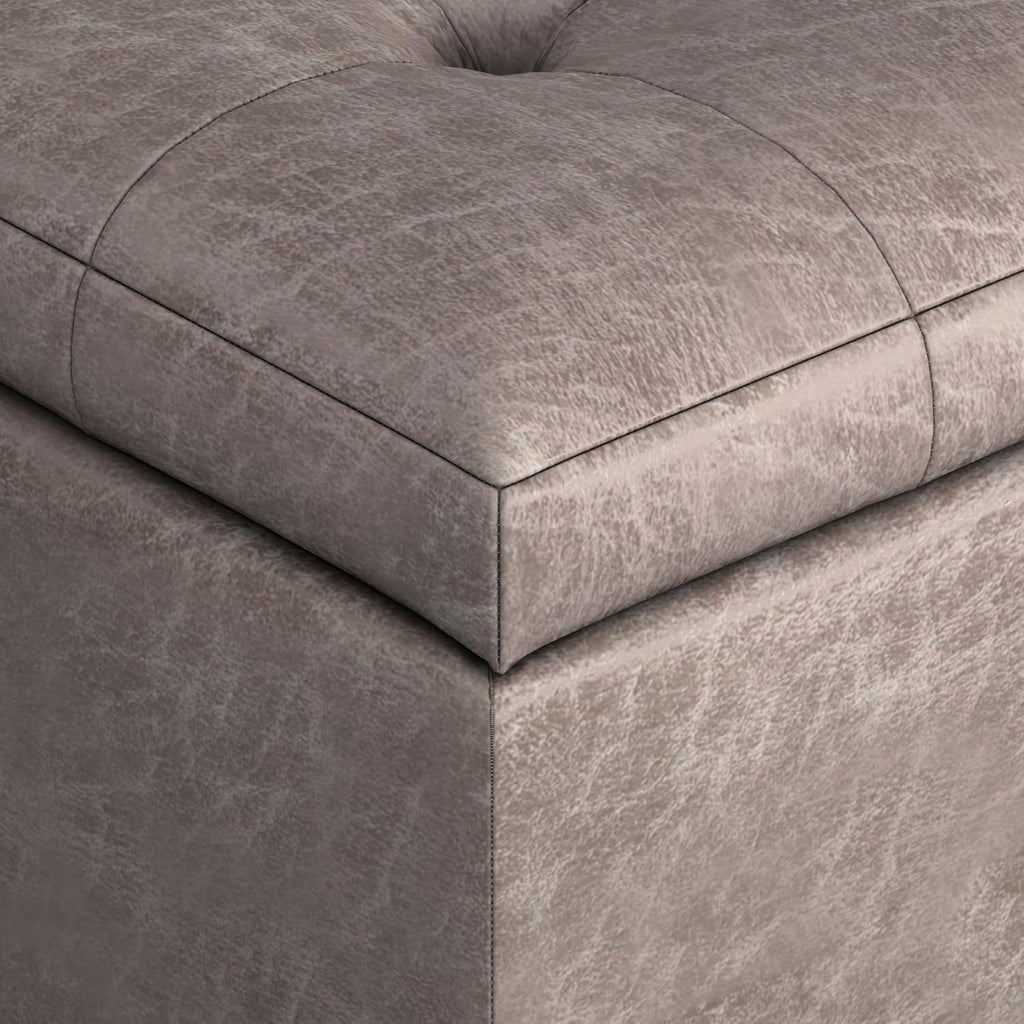 SIMPLIHOME Cosmopolitan Storage Ottoman - 34 inch Wide Upholstered Vegan Leather Rectangle Storage Ottoman Bench in Distressed Grey Taupe, Transitional Tufted Ottoman for Living Room with Lift-Up Lid