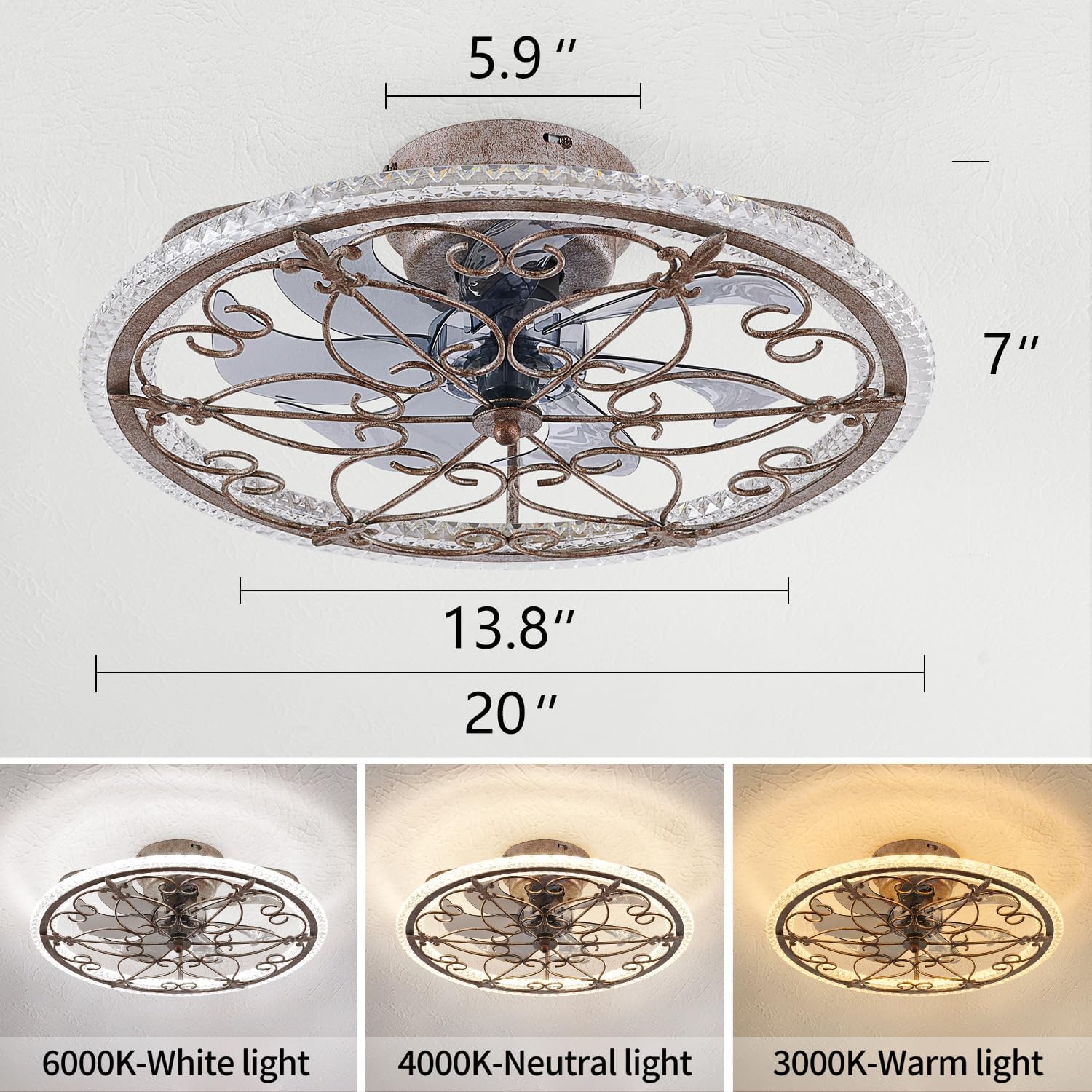 Rustic Caged Ceiling Fan with Lights Remote Control, Retro Industrial Ceiling Fan with Light for Kitchen Bedroom Living Room