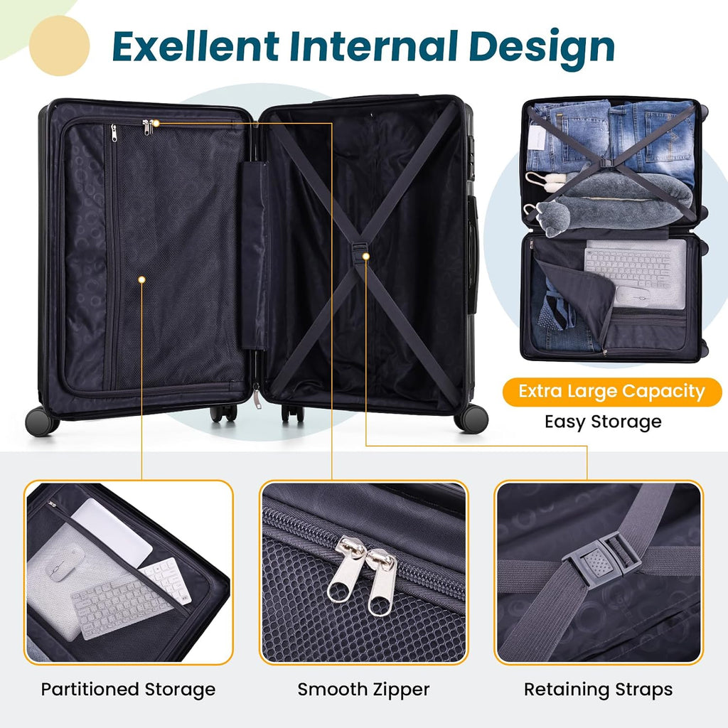 Hoteel Luggage Sets 3 Piece ABS+PC Hardside, 4-Year Warranty, Luggage Set with Spinner Wheels, TSA Lock, Lightweight Carry on Luggage, 20' Suitcase with Duffel & Organizer, Black
