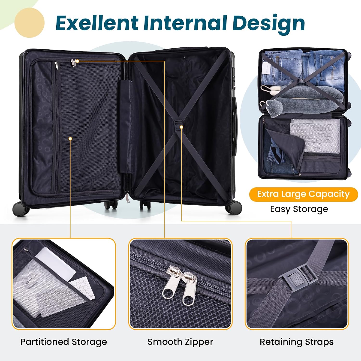 Hoteel Luggage Sets 3 Piece ABS+PC Hardside, 4-Year Warranty, Luggage Set with Spinner Wheels, TSA Lock, Lightweight Carry on Luggage, 20' Suitcase with Duffel & Organizer, Black