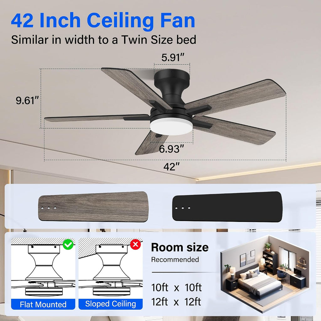 42 Inch Ceiling Fans with lights,RGB Low Profile Ceiling Fan with Light and Remote Control,APP,Black Flush Mount Ceiling Fans for Small Bedroom,Patio,Porch,Outdoor Indoor Use,5 Blades,Dimmable,Quiet