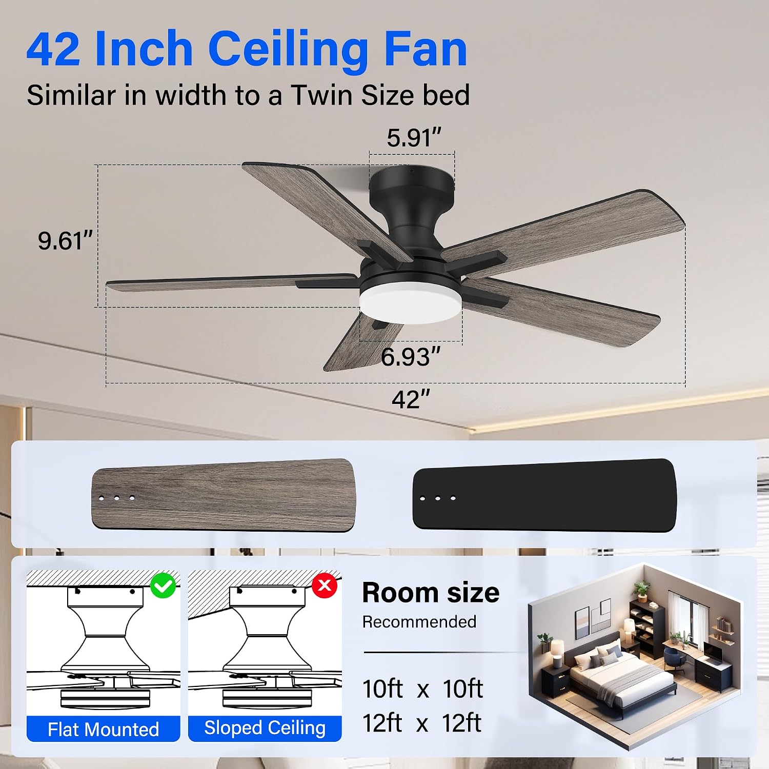 42 Inch Ceiling Fans with lights,RGB Low Profile Ceiling Fan with Light and Remote Control,APP,Black Flush Mount Ceiling Fans for Small Bedroom,Patio,Porch,Outdoor Indoor Use,5 Blades,Dimmable,Quiet
