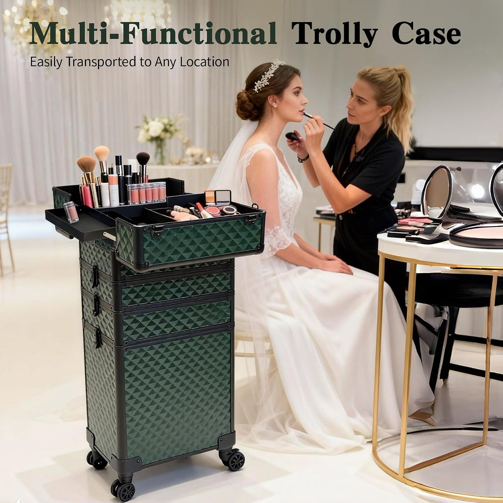 5 in 1 Rolling Makeup Train Case on Wheels Large Cosmetic Organizer Travel Cart for Women Beauty Salon Barber Hairstylist Green