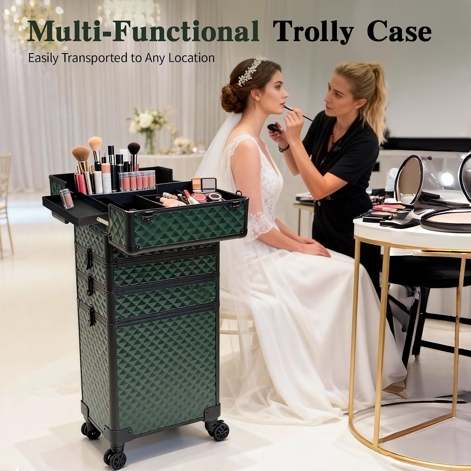 5 in 1 Rolling Makeup Train Case on Wheels Large Cosmetic Organizer Travel Cart for Women Beauty Salon Barber Hairstylist Green
