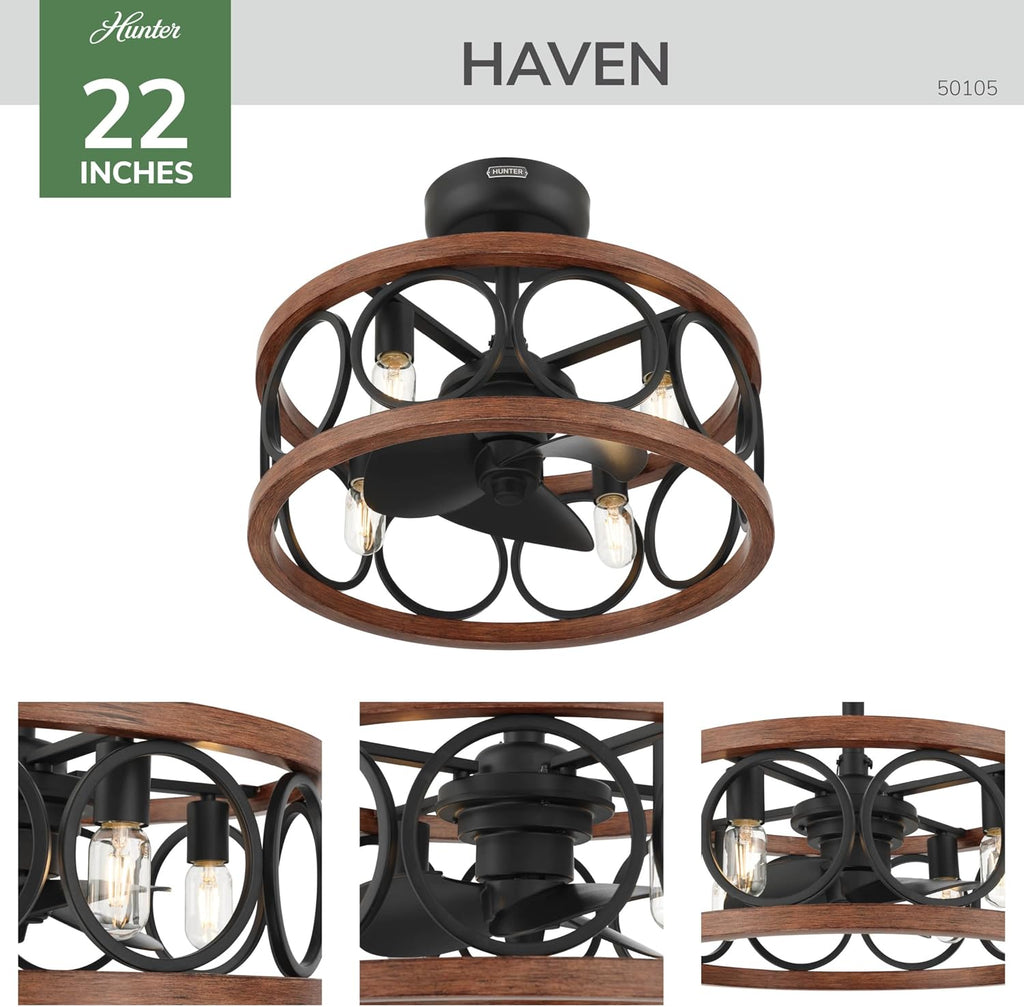 Hunter Haven 22 inch Indoor Fandelier Caged Ceiling Fan with Light and Remote, Matte Black Ceiling Fan with Wood Accents, Industrial Farmhouse Style for Bedrooms, Living Rooms, and Home Offices, 50105