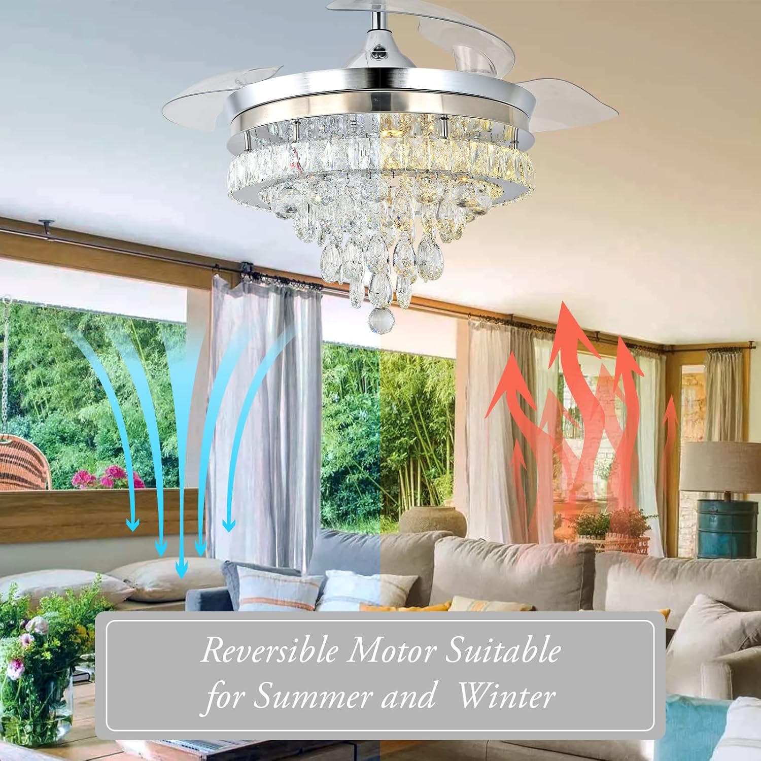 Finktonglan 42' Crystal Fandelier Ceiling Fan with Lights, Retractable Blades, Dimmable 60W LED, Remote & App Control, Quiet Reversible Motor, 6 Speeds & Timer, Downrod Mount for Bedroom/Living Room
