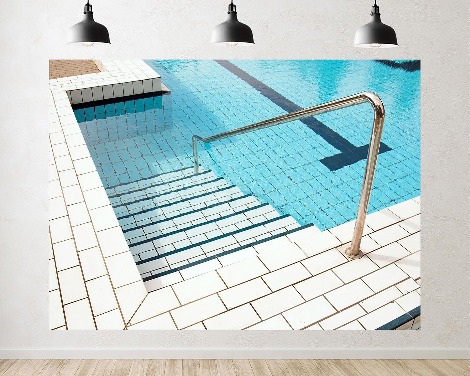Trykid 20x10ft Pool Steps Backdrop Tiles Handrail Clear Blue Water White Tiles Shiny Handrail Swimming Pool Photography Background Resort Event Decor Party Decoration Photo Booth Prop Fabric