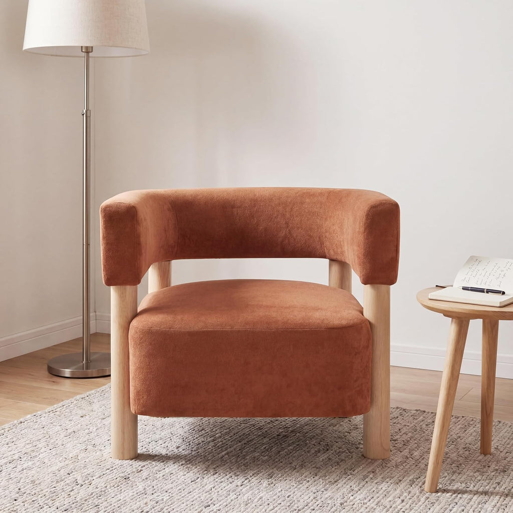 Christopher Knight Home Carly Low Profile Accent Chair, Boucle Upholstered Barrel Chair, Comfy Reading Chair for Bedroom, Wooden Single Lounge Sofa, Burnt Orange