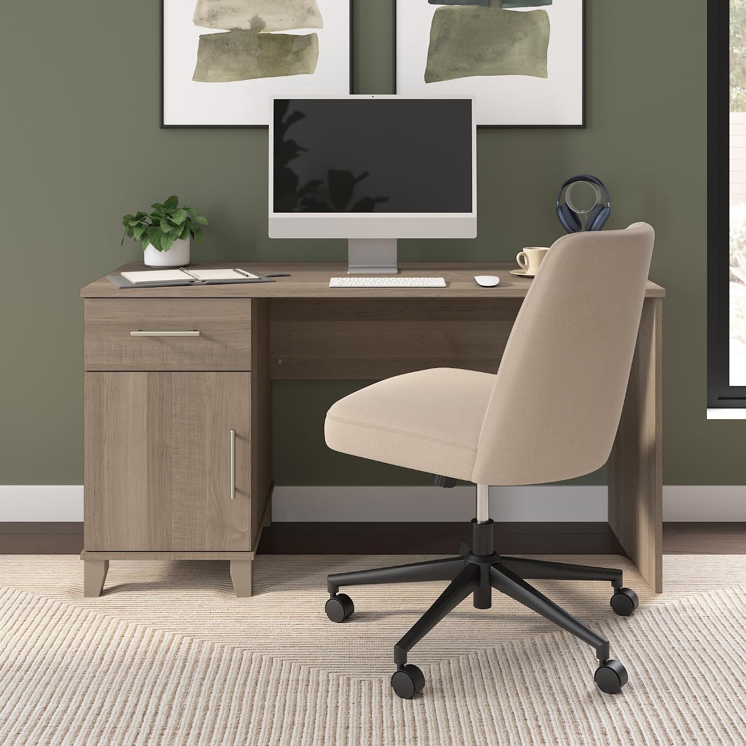 Bush Home 54-Inch Office Desk with Drawer and Storage Cabinet, Computer Desk with Box Drawer and Adjustable Shelf, Home Office Workstation Furniture, Somerset Collection, Ash Gray