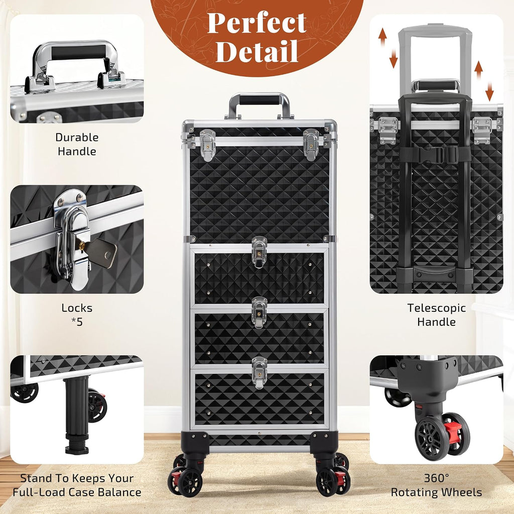 Rolling Makeup Train Case with 3 Drawers, Nail Trolley Cart Salon Station Cosmetology Case on Wheels Organizer Cases for Nail Tech,SPA,Face Painting,Hairstylist,Makeup Artist (Silver & Black)