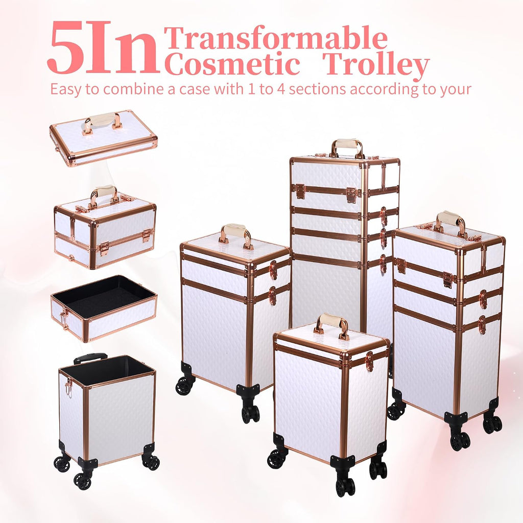 5 in 1 Rolling Makeup Train Case Professional Cosmetic Trolley Large Storage Organizer on Wheels for Hairstylist Artist Nail Beauty Salon Barber White - Gold Frame