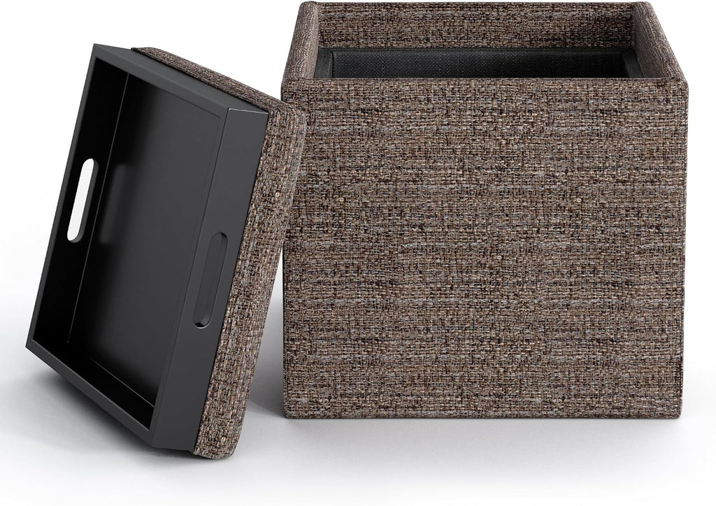 SIMPLIHOME Rockwood Cube Storage Ottoman with Tray - 17' Wide x 17' High Upholstered Tweed Look Fabric Square Storage Ottoman in Mink Brown,Contemporary Cube Ottoman for Living Room with Serving Tray