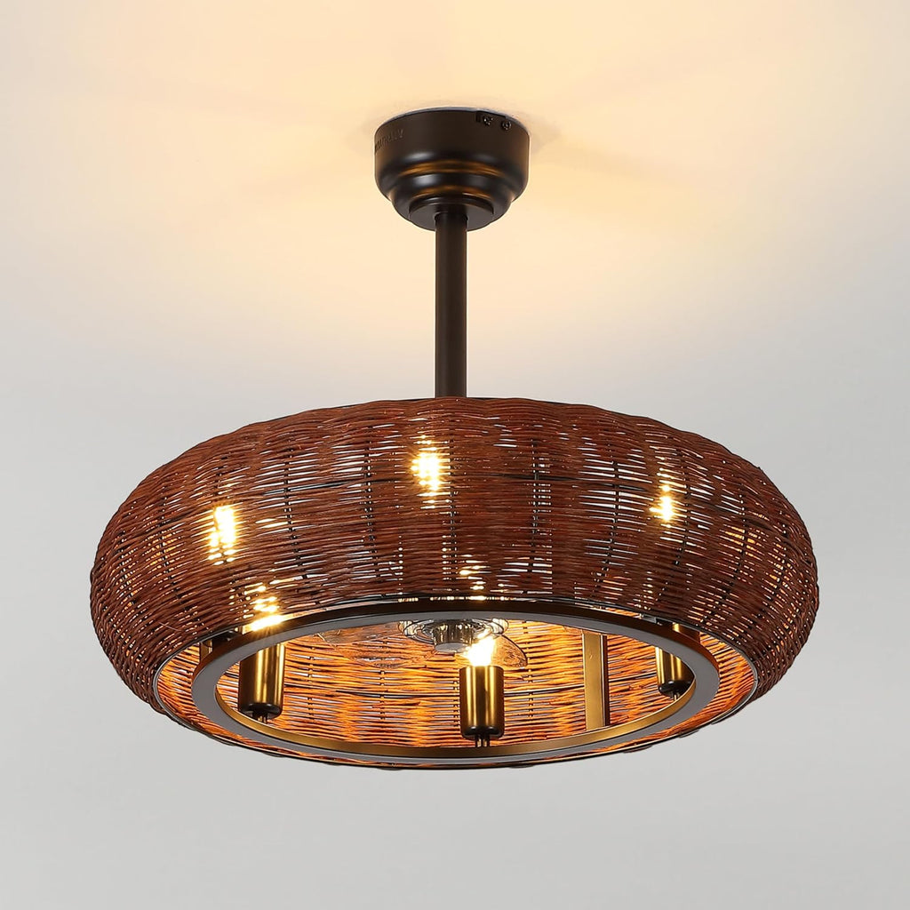 JONATHAN Y 23' Black 6-Light Modern Bohemian Ceiling Fan with Lights, 6-Speed Remote and App Control, Height Adjustable LED Lantern with Dark Brown Rattan Shade for Living Room JYL9728A