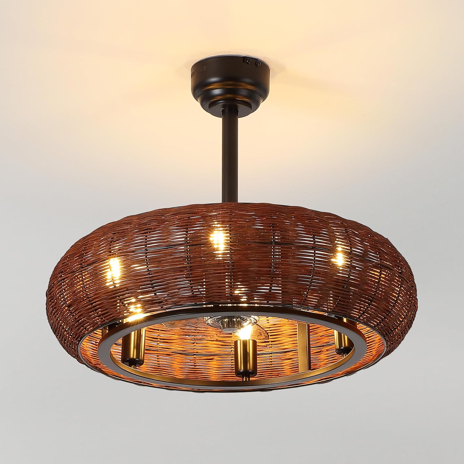 JONATHAN Y 23' Black 6-Light Modern Bohemian Ceiling Fan with Lights, 6-Speed Remote and App Control, Height Adjustable LED Lantern with Dark Brown Rattan Shade for Living Room JYL9728A