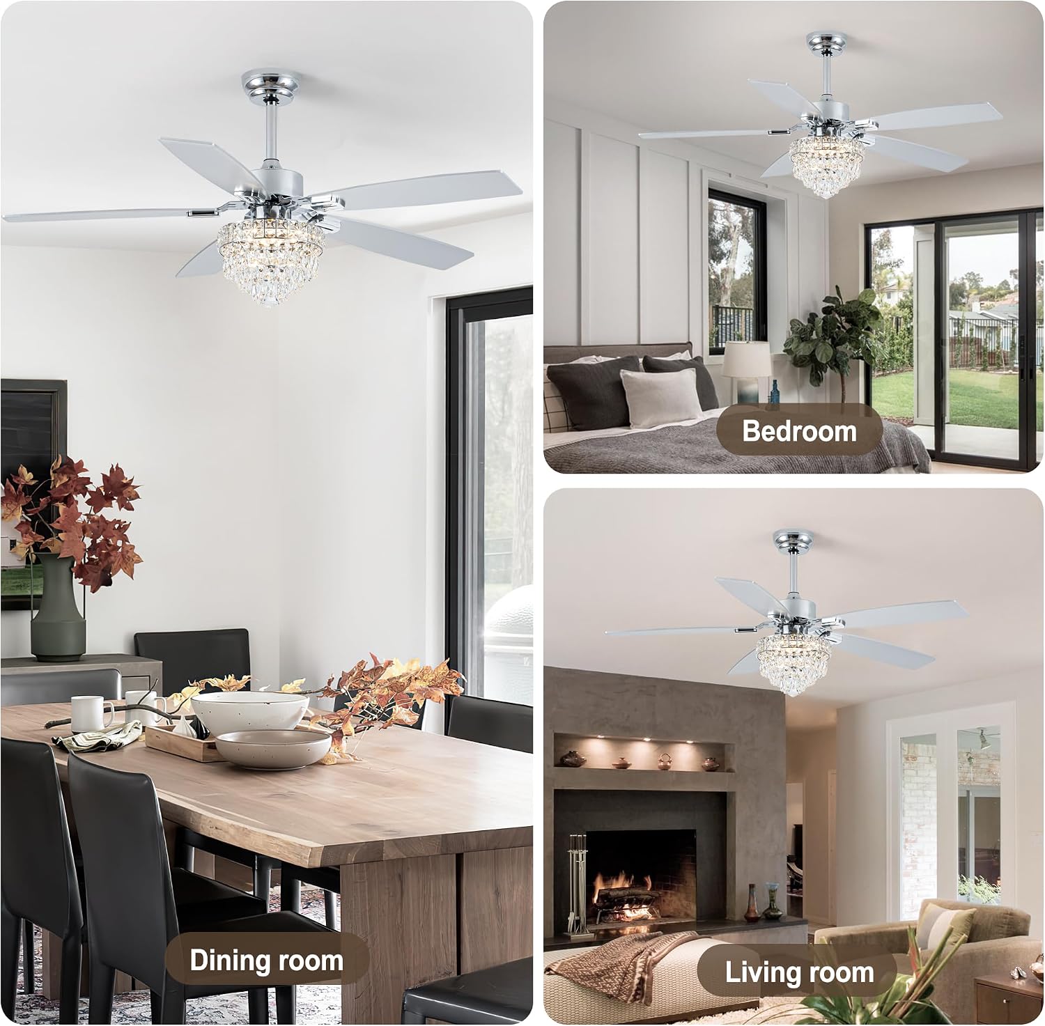 Chandelier Ceiling Fans with Lights and Remote,Chandelier Fan Ceiling,Crystal Ceiling Fan Fandelier with Lights,6 Speed 3 Timer Quiet Ceiling Fan for Bedroom (Chrome, 52 Inch)