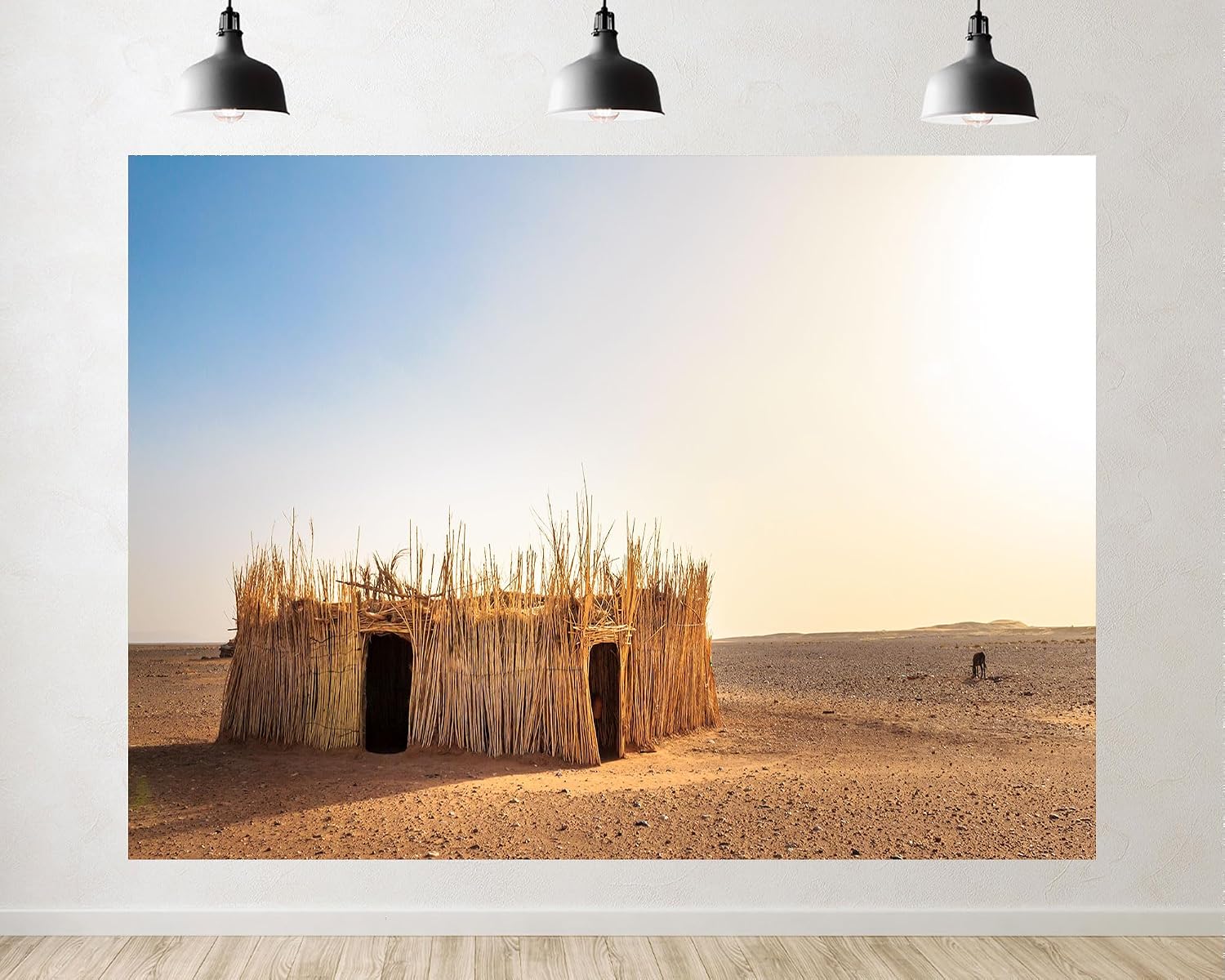 Trykid 20x10ft Desert Straw Hut Backdrop Scenic Thatched Hut Arid Landscape Clear Sky Photography Background Adventure Themed Party Decoration Photo Booth Prop Fabric