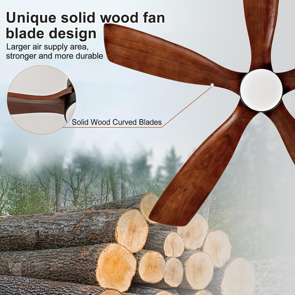 52 Inch Ceiling Fans with Lights and Remote, 5 Blades Wood Ceiling Fan with Light, Dimmable, Wall Switch, Reversible DC Motor, Modern Indoor Outdoor Ceiling Fan for Patio Bedroom