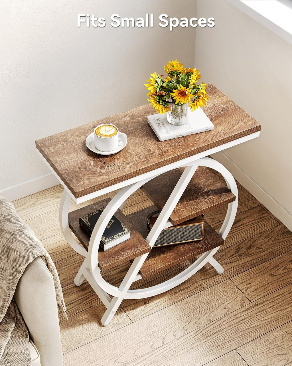 LITTLE TREE End Table, Set of 2 Narrow Side Table with 4-Tier Large Storage Space, Modern Bedside Table for Living Room, Home Office, Bedroom, Brown and White