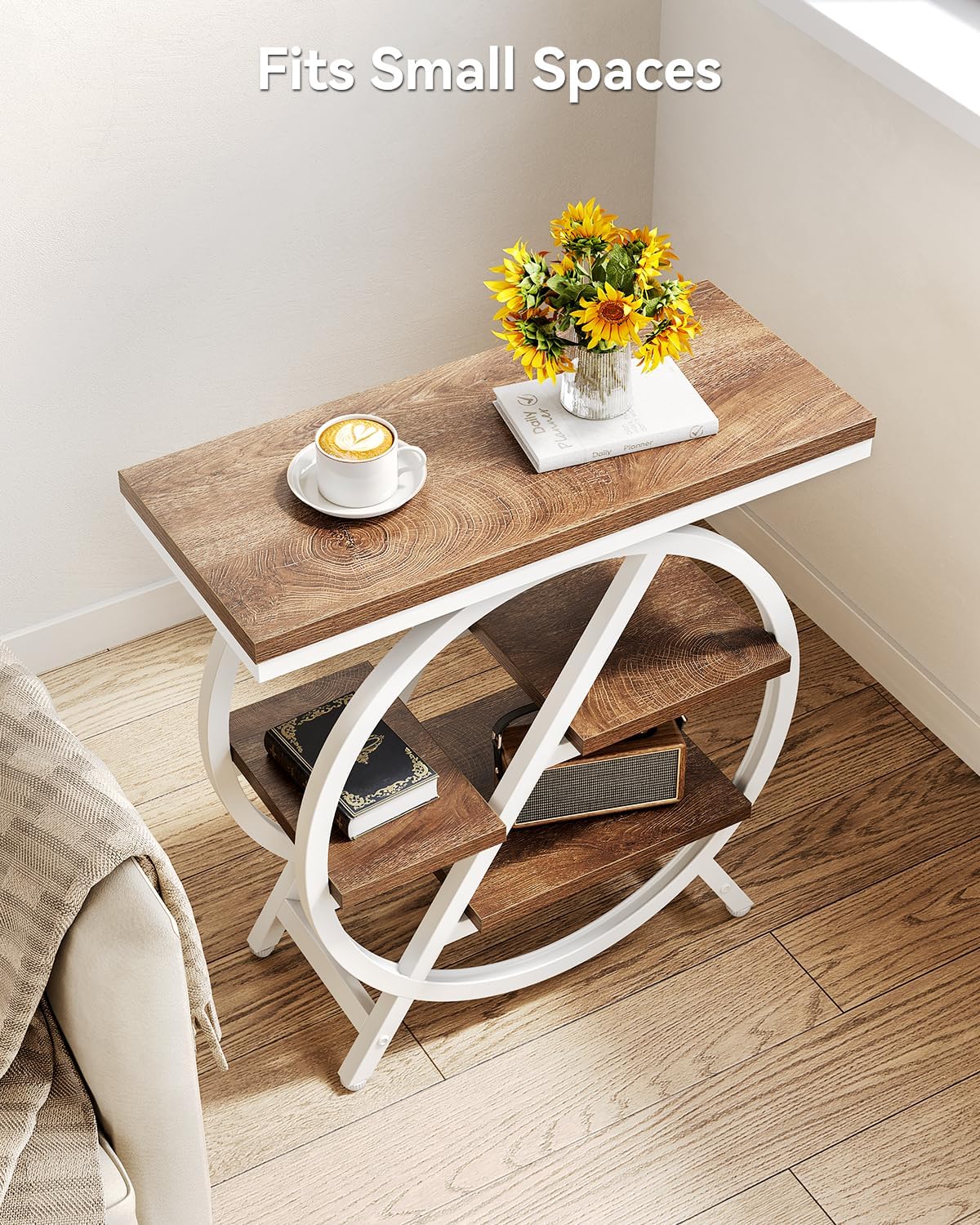 LITTLE TREE End Table, Set of 2 Narrow Side Table with 4-Tier Large Storage Space, Modern Bedside Table for Living Room, Home Office, Bedroom, Brown and White